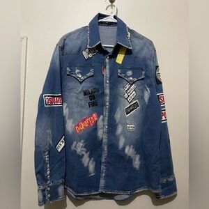DSQUARED2 Men's Denim Printed Graphic Logo Monogram Button Button Front Shirt